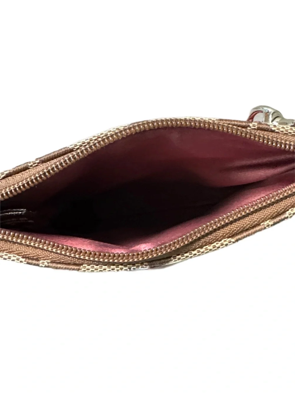 Coach Brown Signature Canvas Wristlet with Burgundy Accents in Box